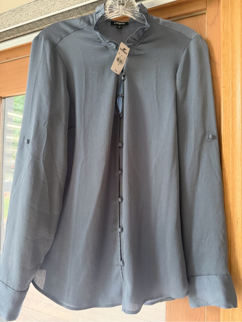 Express Women's Dusty Blue Mandarin-Collar Blouse with Knot Buttons